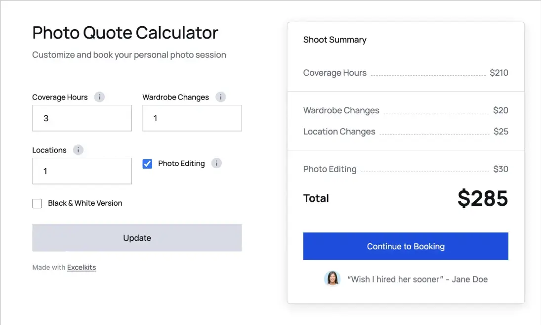 Photography Cost Calculator